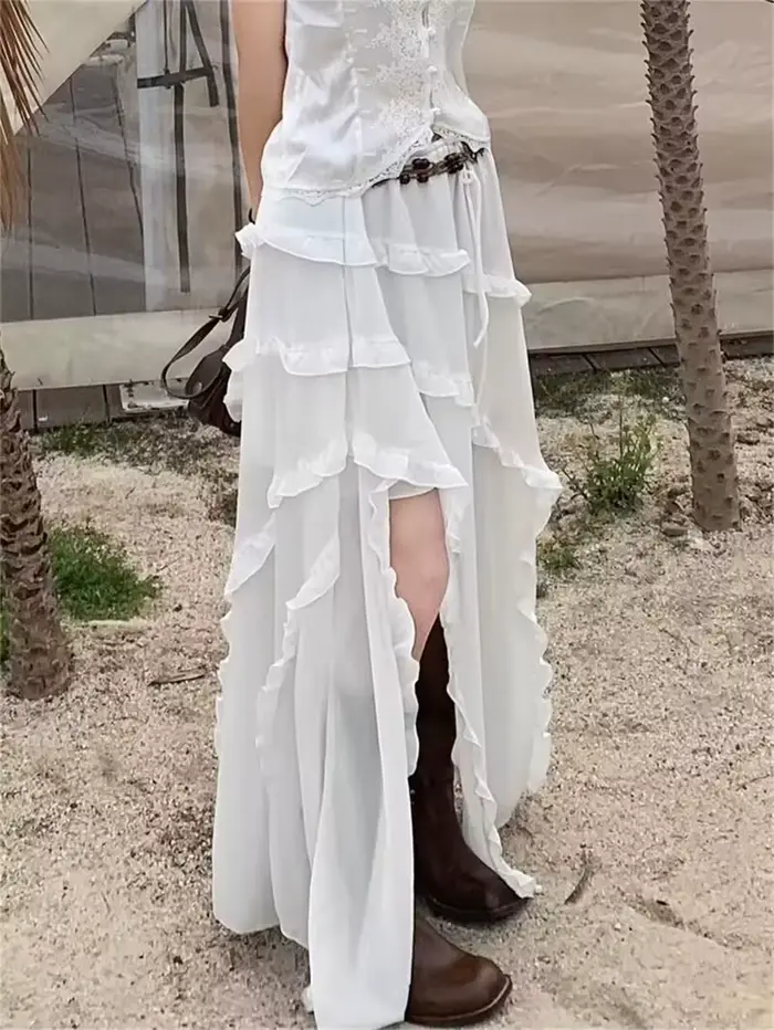 2025 Korean New Irregular High Waist Skirts Vintage Lady White Skirt French Style Fashion Ruffles Sweet