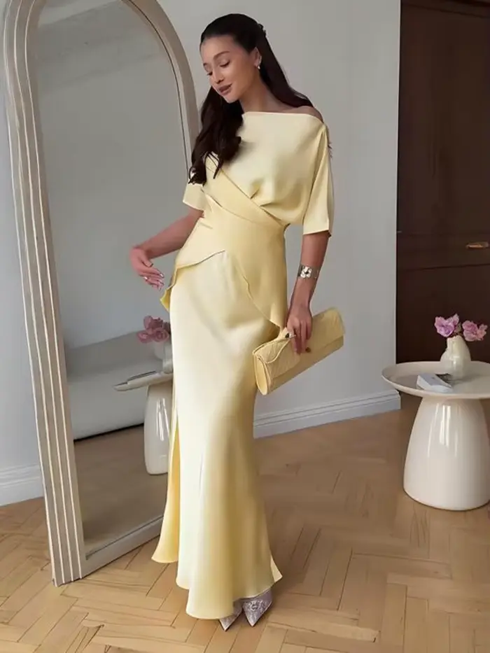 Mode jaune Satin hauts jupe 2 pièces ensemble femmes à lacets haut taille haute sirène