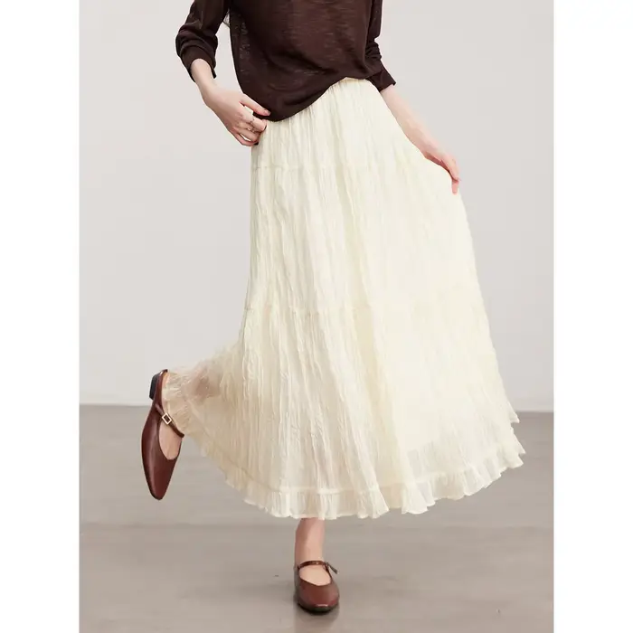 Jupe longue plissée à volants Vimly Elegance abricot pour femme décontractée printemps 2026 occassions spéciales femmes vacances libertés style moderne