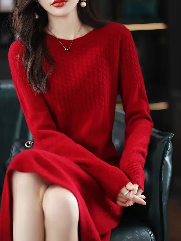 Robe en laine pure tricotée col rond longueur aux genoux pour femmes style bureau dame automne hiver occassions spéciales