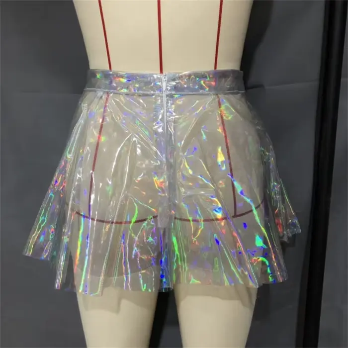 Femmes Sexy Transparent Mini jupe Club fête brillant irisé taille haute fermeture éclair plissé jupes évasées patineuse