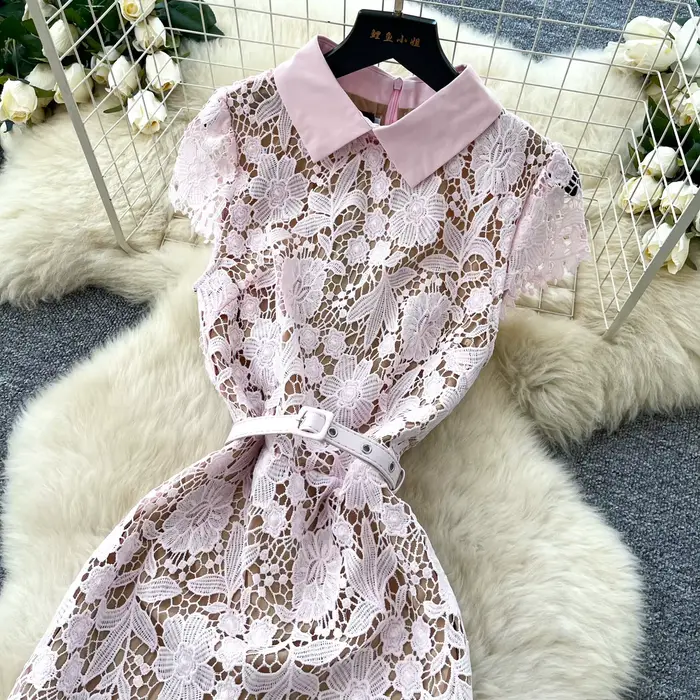 Robe longue rose pour femme avec col à revers