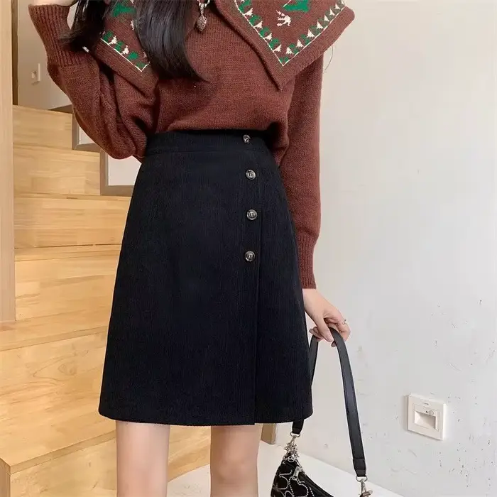 Taille haute fermeture éclair velours côtelé Vintage a-ligne jupe automne hiver mince solide tout-match coréen demi-jupe tendance mode femmes vêtements