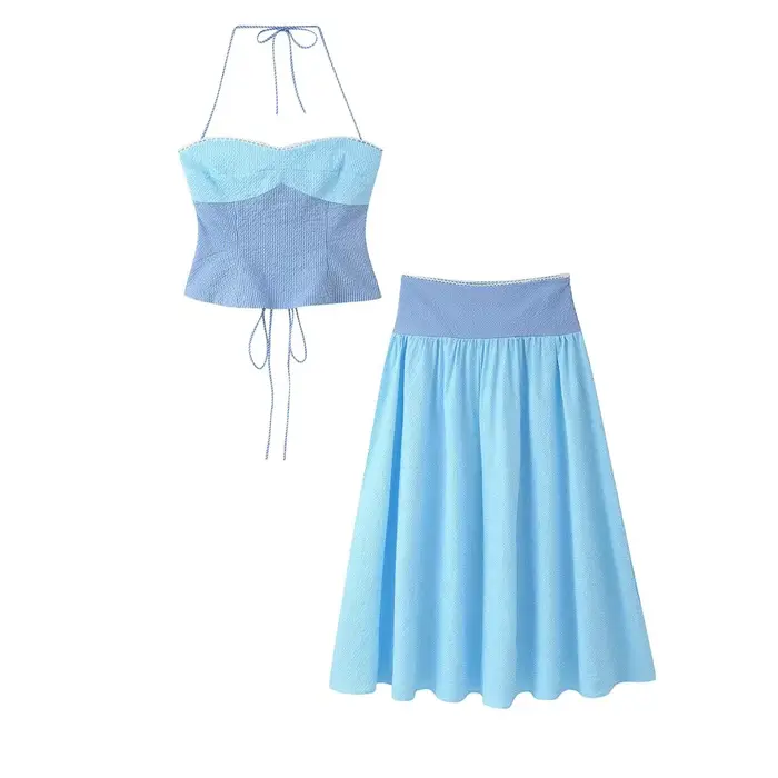 Ensemble jupe femme été rayé colorblock sexy dos nu hauts à lacets taille mi-haute jupe trapèze ferm