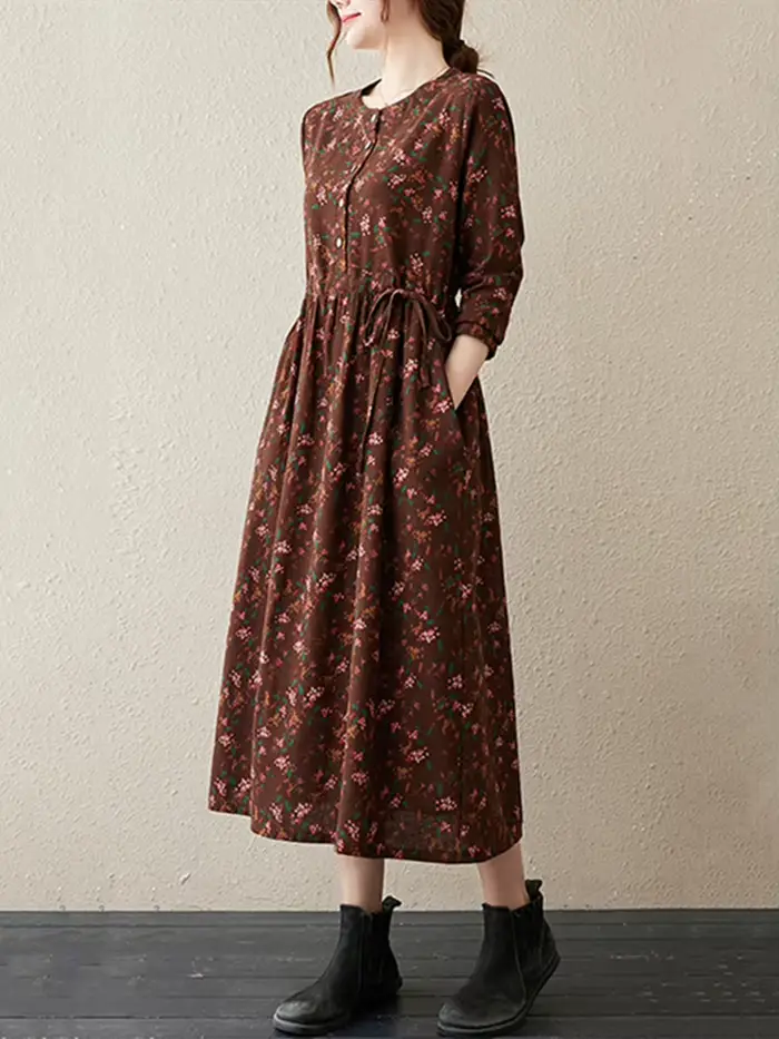 Robes à manches longues en coton et lin à imprimé floral vintage pour femmes