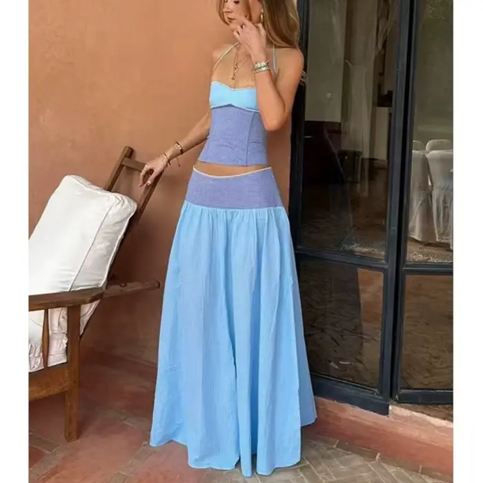 Ensemble jupe femme été rayé colorblock sexy dos nu hauts à lacets taille mi-haute