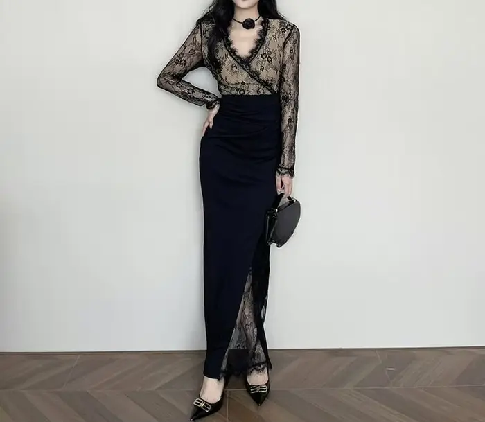 Robe noire en dentelle patchwork à manches longues pour femmes automne hiver 2025 élégante à offrir pour bureau et soirées