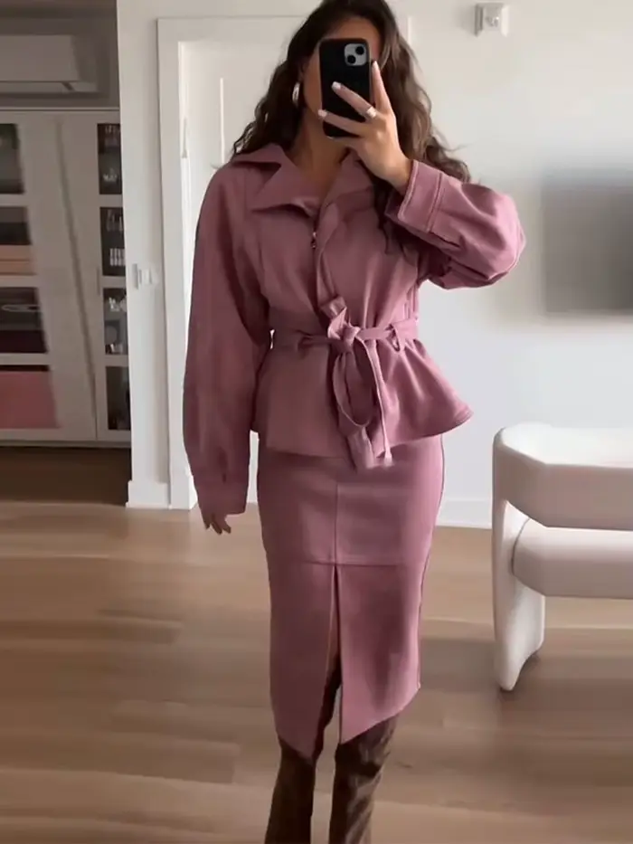 Ensemble tailleur jupe 2 pièces élégant pour femme en suède