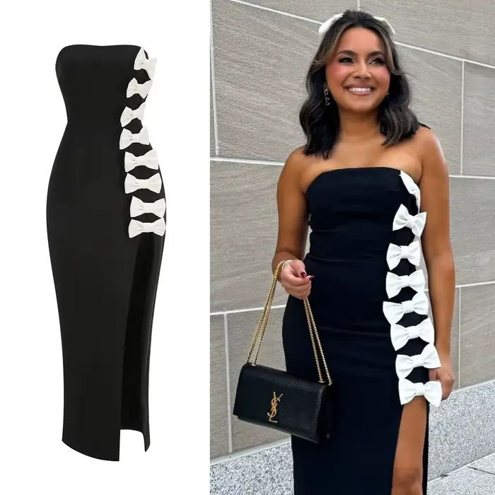 Robes de soirée chics noires sans bretelles avec détail de nœud blanc – Robe