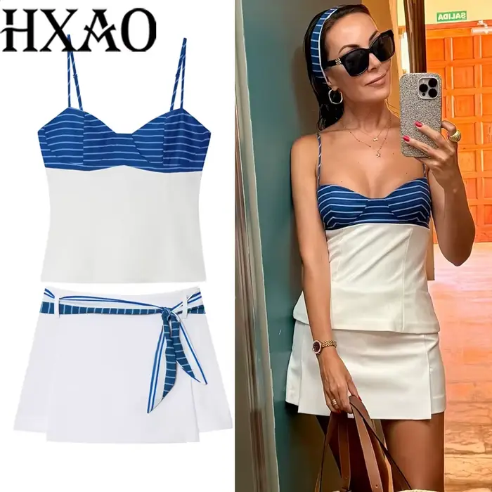 HXAO Bow rayure femmes jupe ensembles courts Patchwork Slip Corset haut
