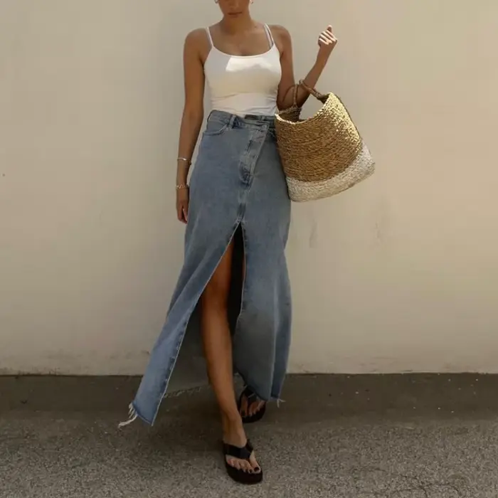 Jupe en jean vintage YZRLADY décontractée taille haute avec fente pour femmes juniors occasions informelles