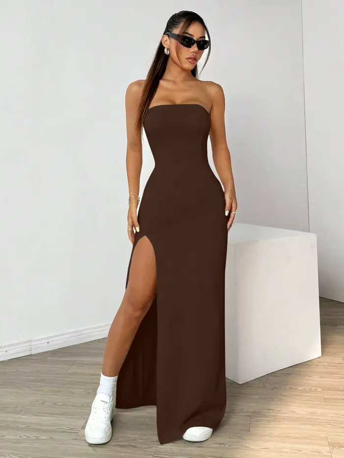 Jupe longue élégante sans bretelles pour femmes, fente simple, basique, unie, parfaite pour les sort