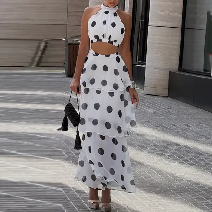 Ensemble jupe et haut à imprimé pois pour les fêtes, haut sexy sans manches à col halter et jupe à v