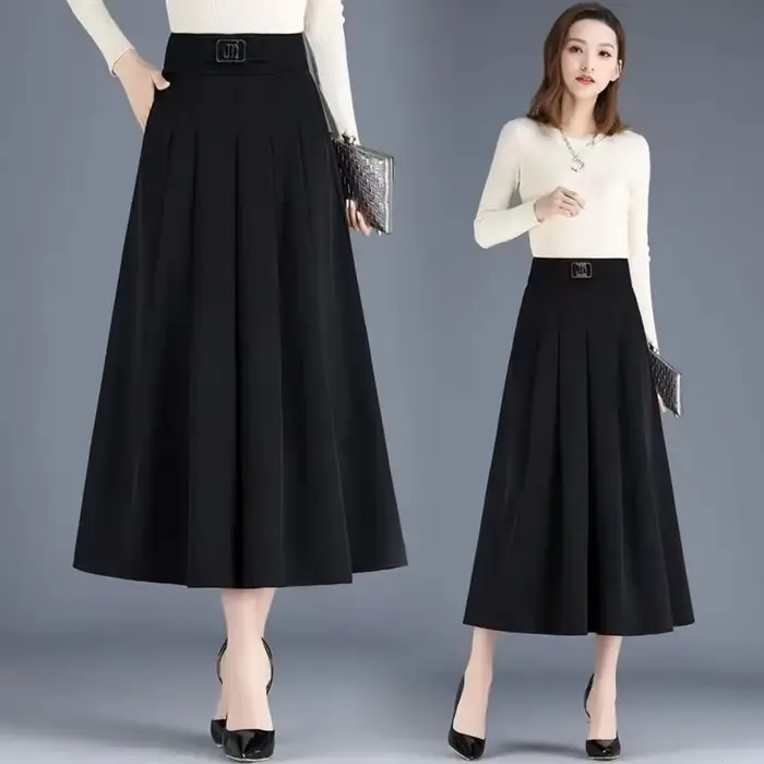 New Skirt Mid-length A-line Pleated Fashionable and Elegant Solid Color Versatile Casual High-waisted Large Hem