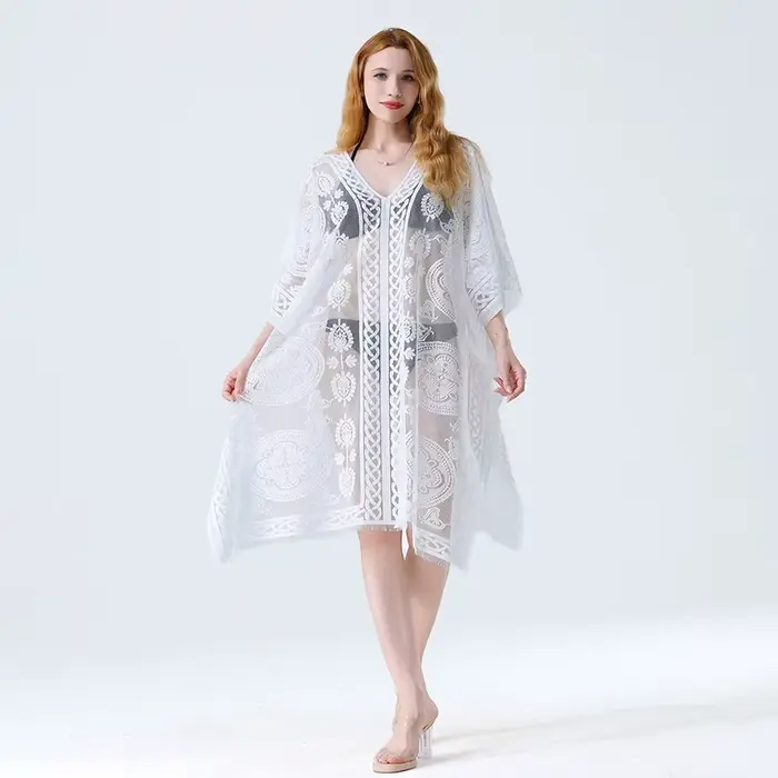 Robe de plage blanche en dentelle, Cover-Up pour les maillots de bain pour femmes, tunique longue, p