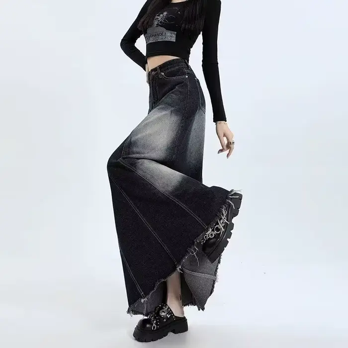 Jupe en jean Cargo taille haute délavée, Vintage rétro, longue ligne a, mi-longue, Maxi, bord brut, 