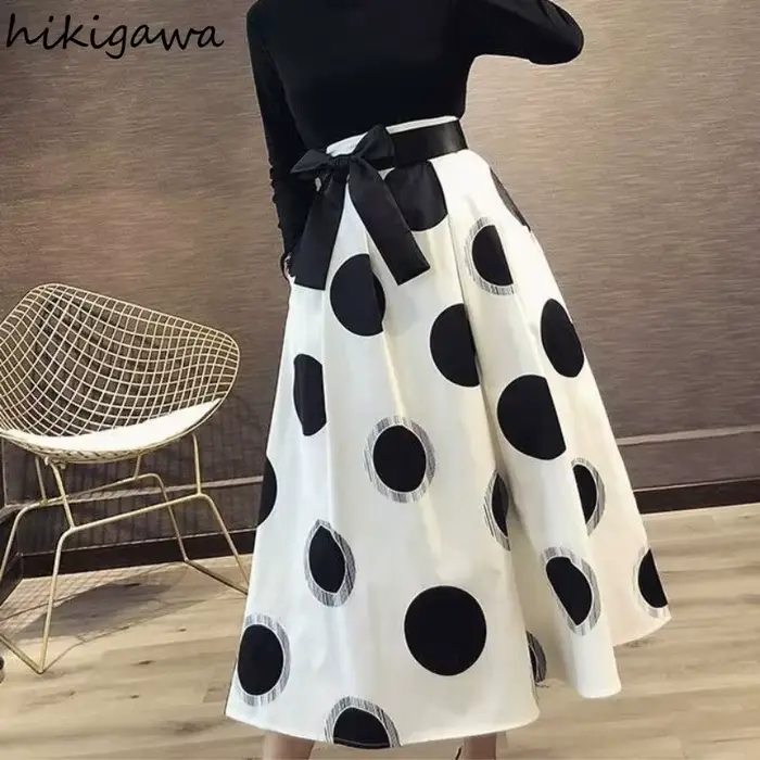 Jupes élégantes à pois pour femmes 2025 Faldas Mujer De Moda taille haute bandeau nœud Jupe été Saia coréen grande
