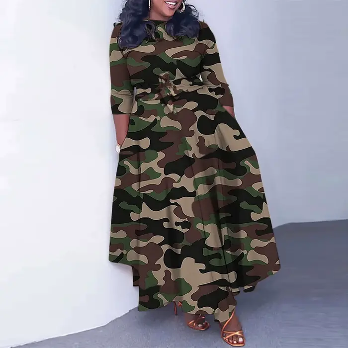 Robe de soirée de bal imprimée Camouflage sexy pour femmes élégante longue silhouette une ligne col rond soirée de gala mariage cérémonie de fin d'année