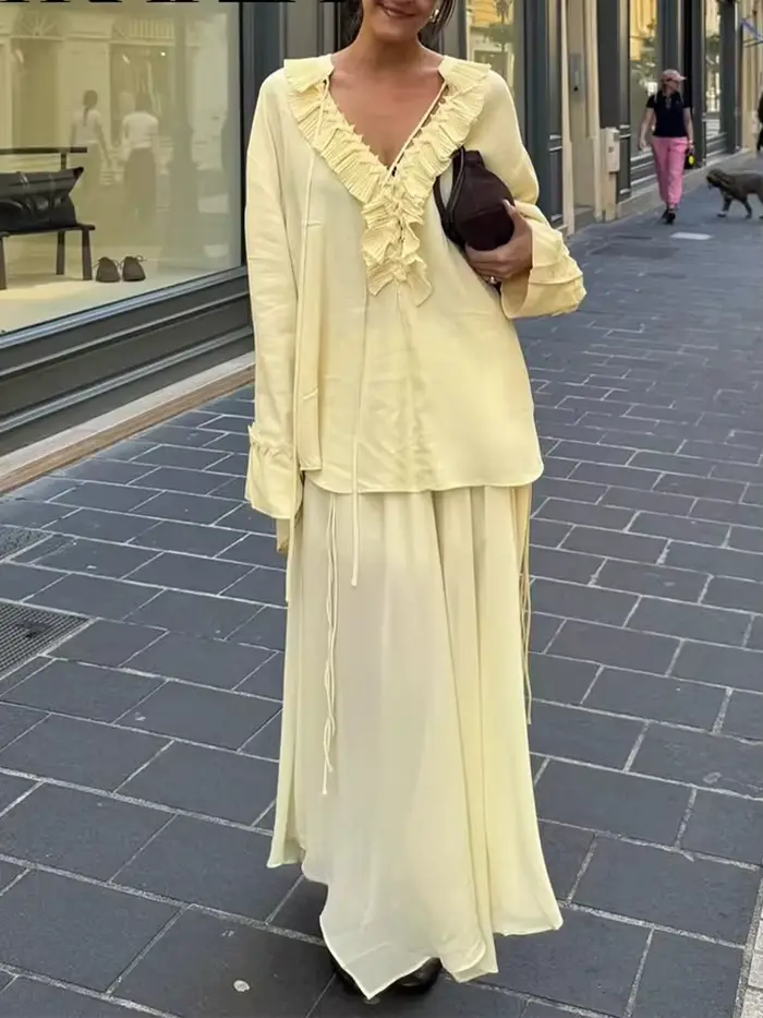 HH mode femmes jaune en mousseline de soie chemise jupe ensemble été à plusieurs niveaux décoration à lacets chemises +