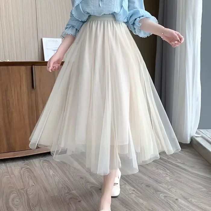 Midi Tulle gaze jupe nouvelle mode féminine taille haute mi-longue taille élastique a-ligne princess