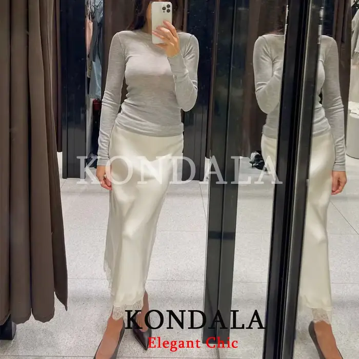 Jupe midi en satin et dentelle KONDALA pour femme – Élégante et luxueuse, idéale pour les dîners et 