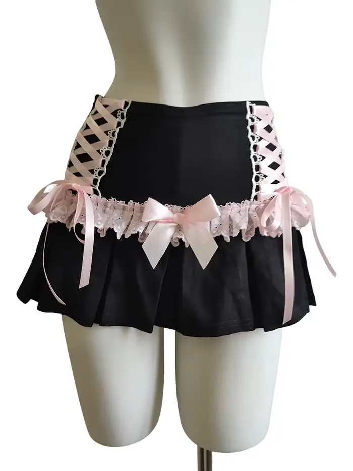 Jupe plissée mignonne fille douce taille haute bordure dentelle nœud rose style Lolita mini courte trapèze été occaions spéciales anniversaire rentrée scolaire fantaisie