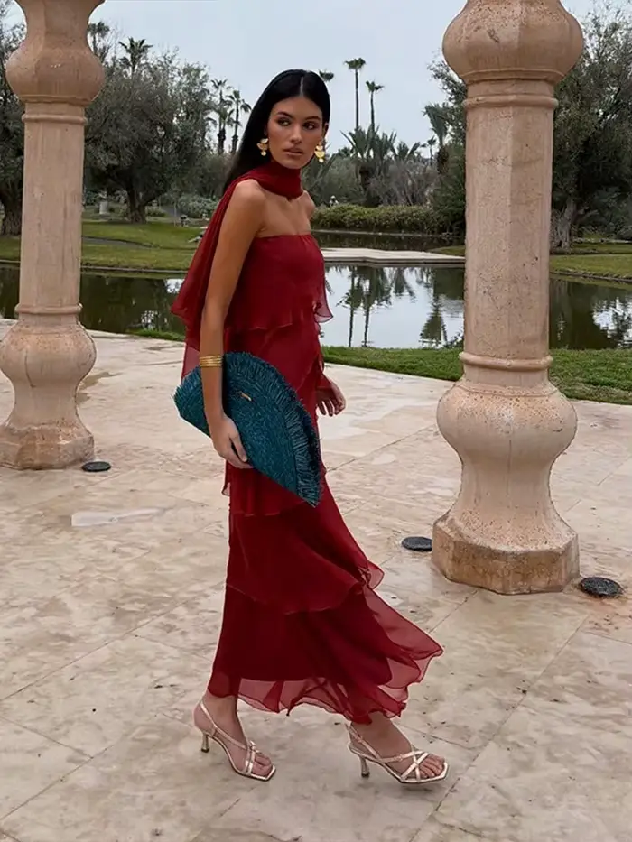 Robes longues sans bretelles à volants en cascade pour femmes