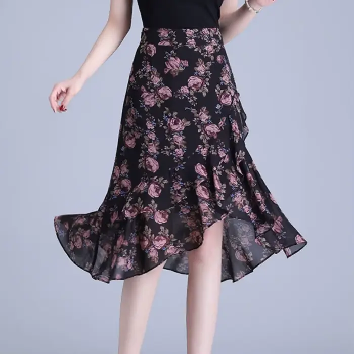 Jupe mi-longue à volants pour femmes, motif Floral, noire, Vintage, Y2k, Style coréen, Chic et éléga