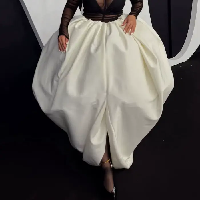 Jupe longue plissée fendue taille haute en satin bouffant pour femme, style A-line, tendance, de cré