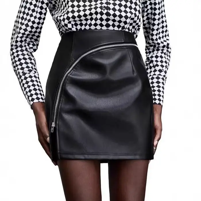 Mini-jupe tendance taille haute avec fermeture éclair et fente pour femme