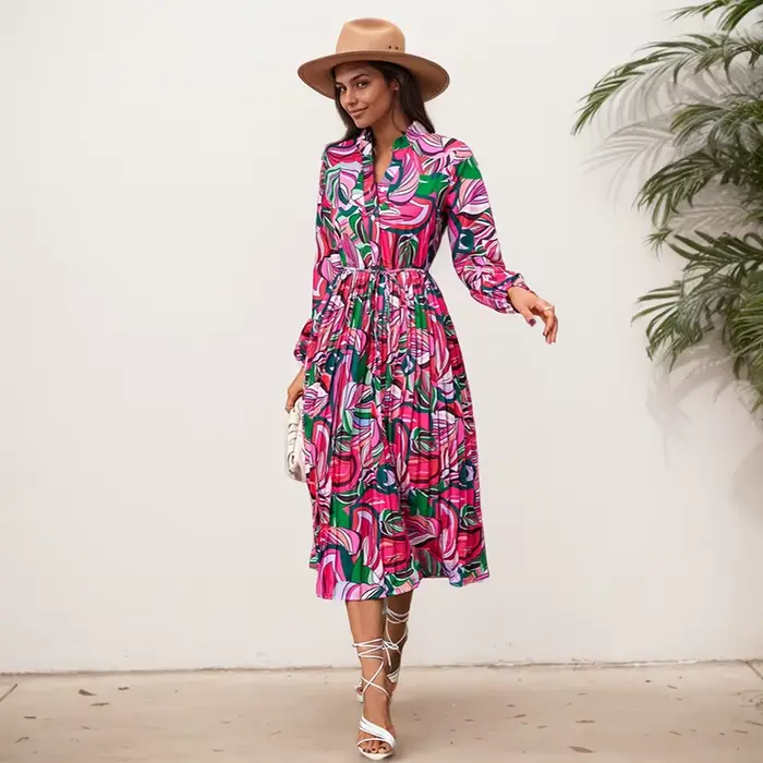 Jupe plissée de style bohème pour femmes, nouvelle collection d'automne, à la mode, col en V, taille