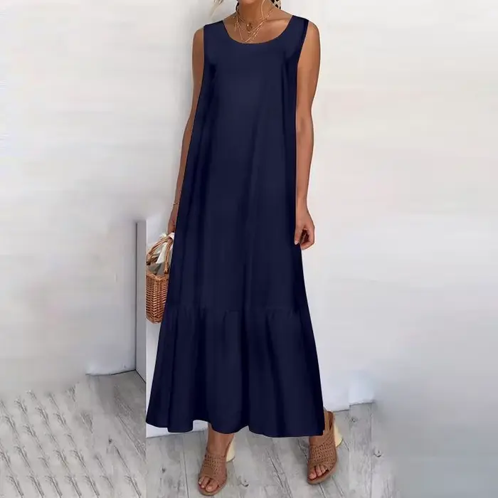 Nouvelles robes 2025 femme mode été couleur unie coton-lin sans manches grande taille femmes ample r