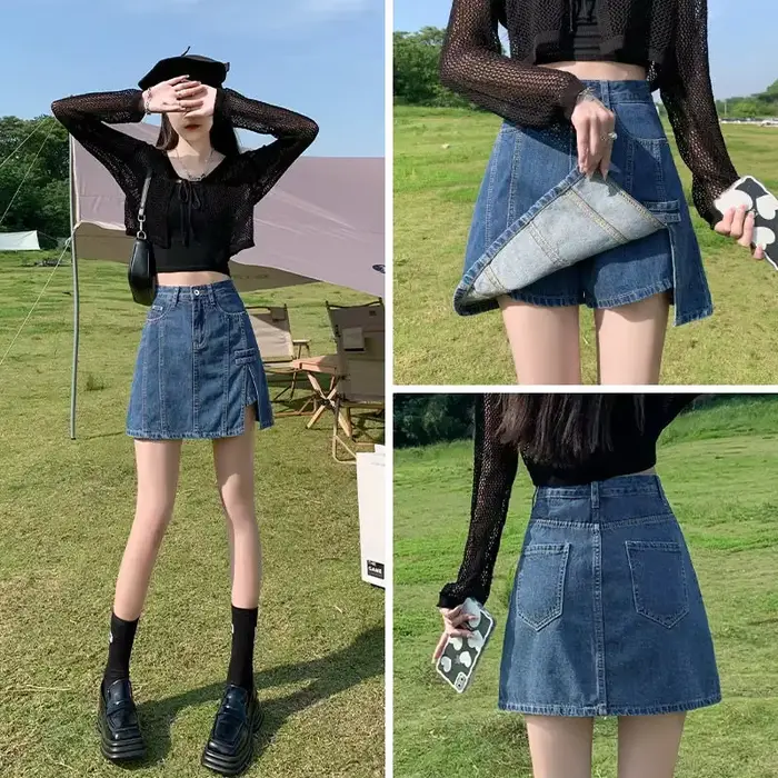 Jupe en jean pour femmes, portefeuille bleu avec fente, jupes serrées, mode coréenne, Premium, Vinta