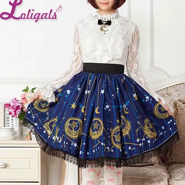 Jupe plissée patineuse Mori Girl bleue imprimée lune et étoiles pour femme style Lolita occassions spéciales et sorties élégantes