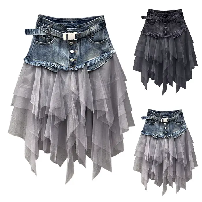 Punk femmes Denim jupes maille Patchwork Jean jupe Y2K taille haute une ligne asymétrique Tulle