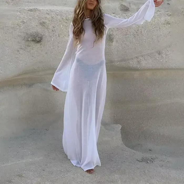 Robe Maxi en Maille Transparente Femme Style Bohème Élégante pour Soirées Plage et Occasions Spéciales