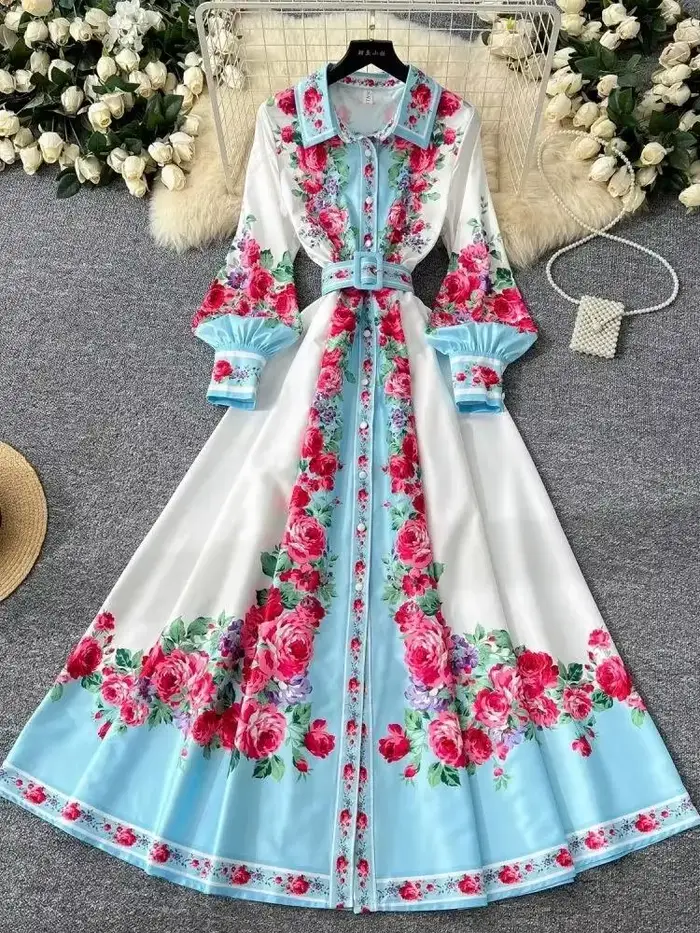 Robe maxi bohème à manches longues lanterne pour femmes, col chemise, ceinture, mode de piste, luxe,