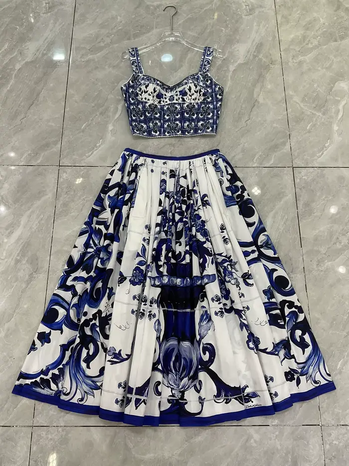Boho 2 pièces ensemble femmes été 2025 bleu porcelaine imprimé haut et coton jupe Maxi concepteur plage vacances tenue