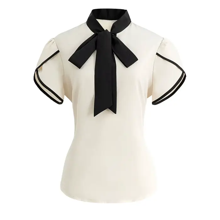 Chemisier Chic Basique Femme Printemps-Été Blanc Crème Noir Col Nœud Papillon Manches Courtes Bouffa