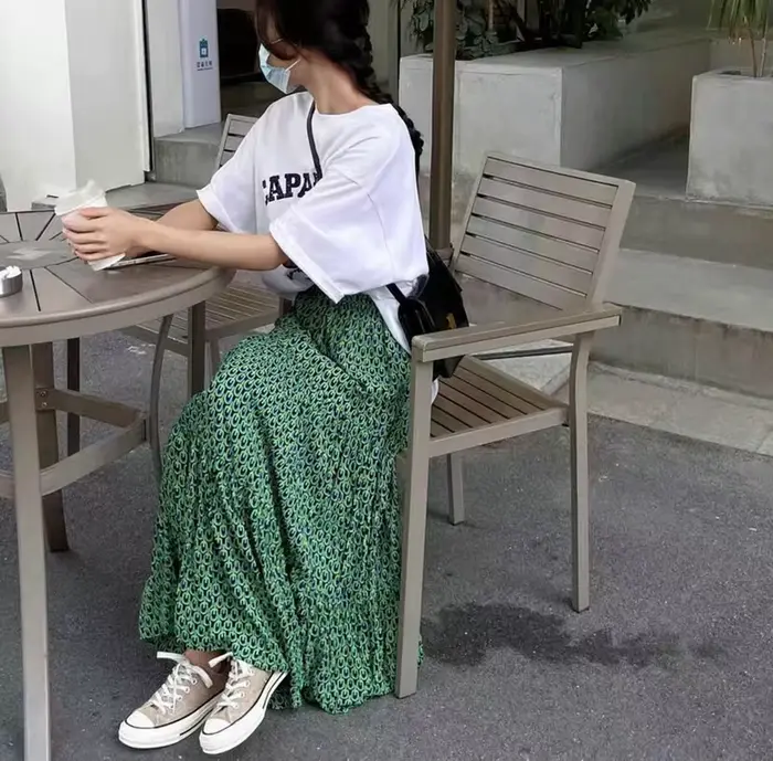 Jupe longue plissée vintage verte à imprimé géométrique pour femme