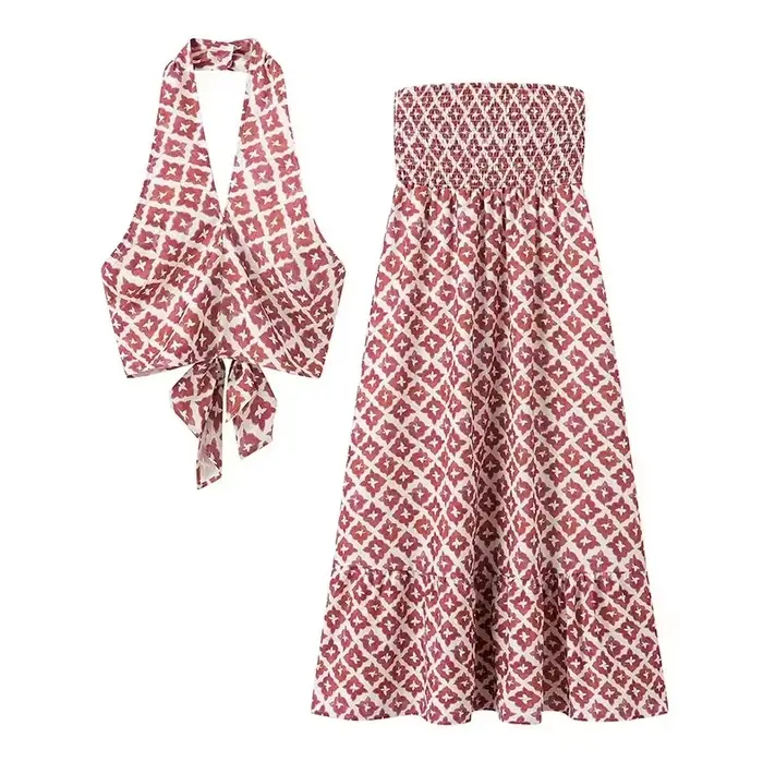 Ensemble jupe imprimée pour femmes, sans manches, col licou, haut une ligne, jupe 2 pièces, tenue de