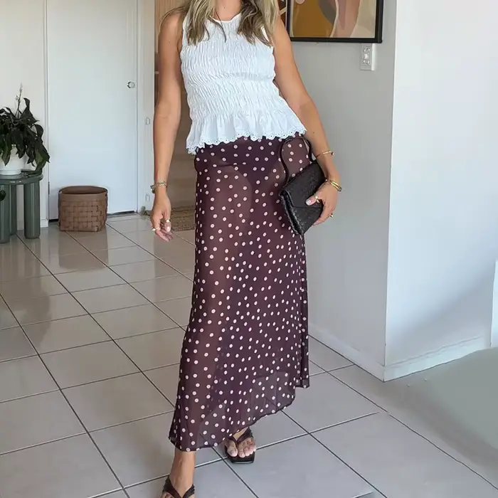 Jupe longue en mousseline transparente à pois pour femme