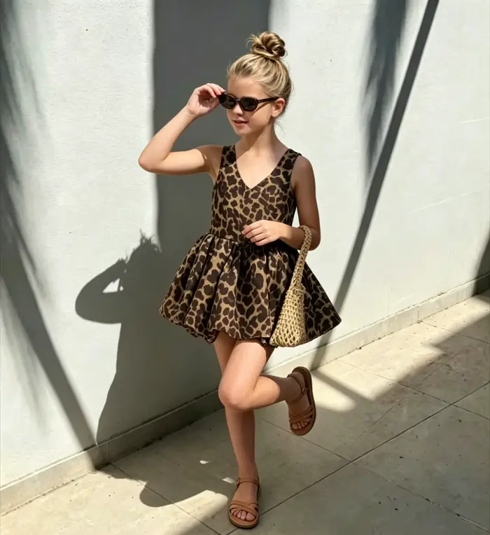 Robe Fille Imprimé Léopard 2026 Nouvelle Collection Été Style Princesse Rétro Jupe Moelleuse