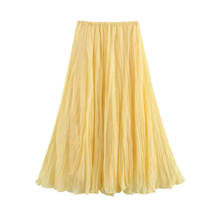 YENKYE femmes froissé a-ligne Midi beurre jaune jupe taille élastique printemps été vacances jupes é