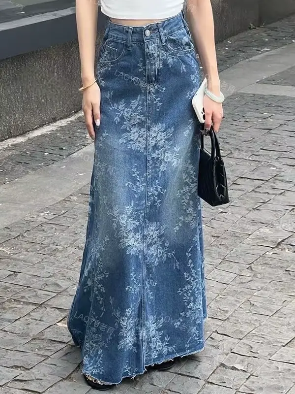 Jupe mi-longue en Denim à fleurs pour femmes, jupe longue trapèze fine et taille haute, ample et ami