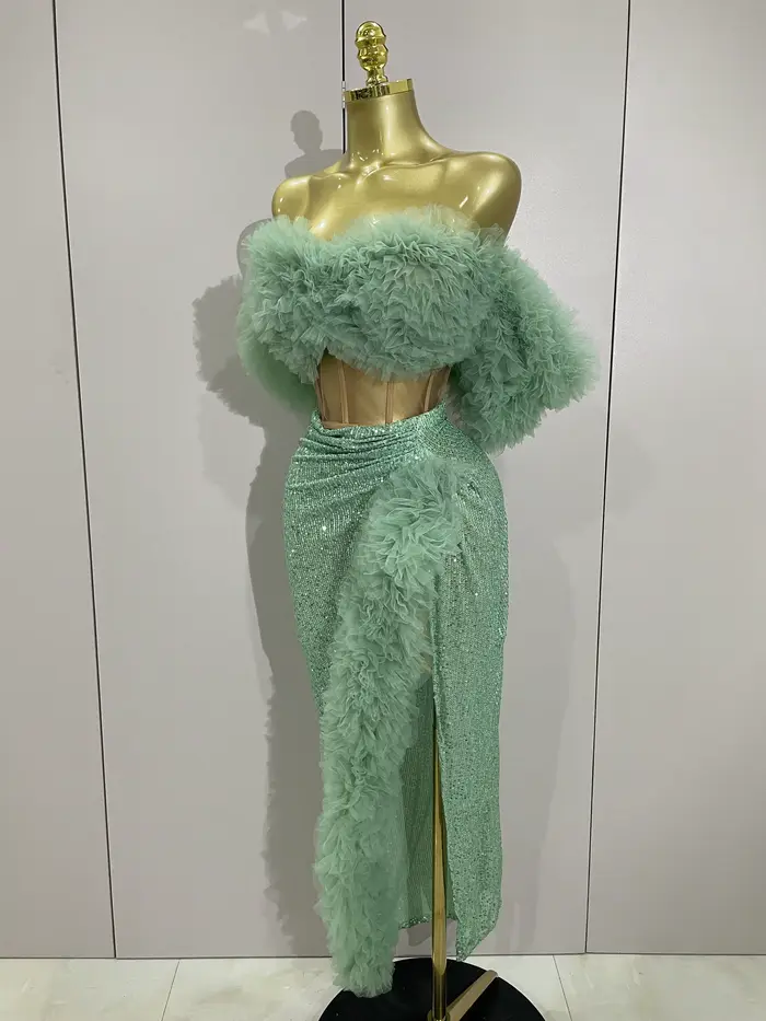 Paillettes brillantes haut jupe courte deux pièces ensemble 2025 femmes Sexy célébrer soirée bal fête d'anniversaire robe discothèque scène tenue