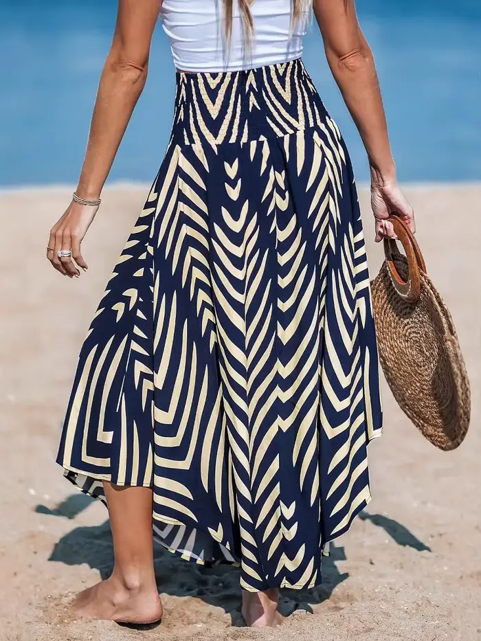 Jupe de plage féminine imprimée géométrique pour vacances d'été plage décontractée polyestère cheville ajustement lâche tatting artisanal