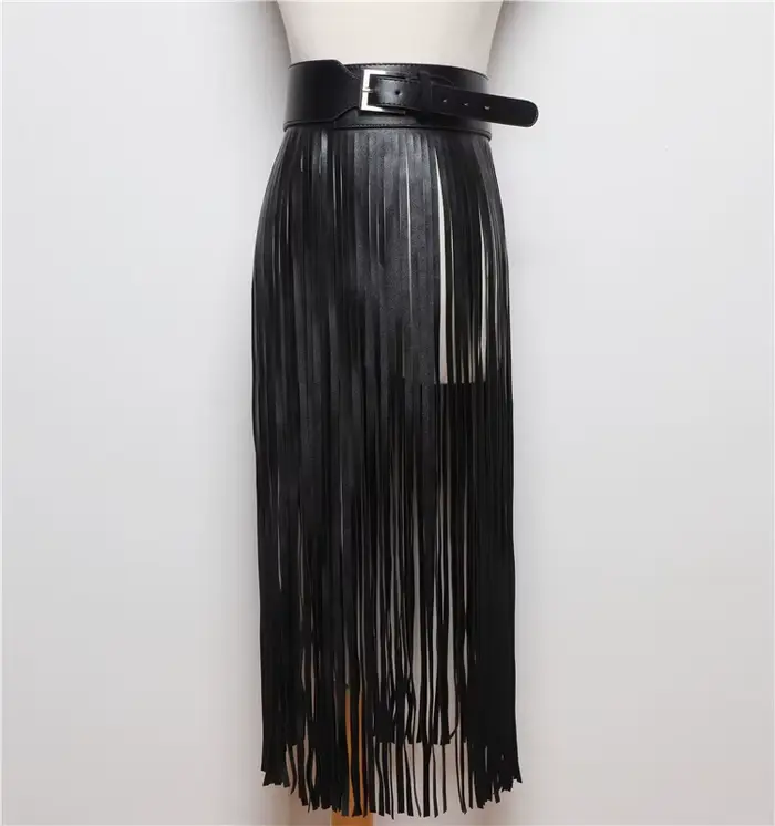 LANMREM bases jupe en cuir PU femmes ceinture couleur noire haute rue décoration pleine glands jupes