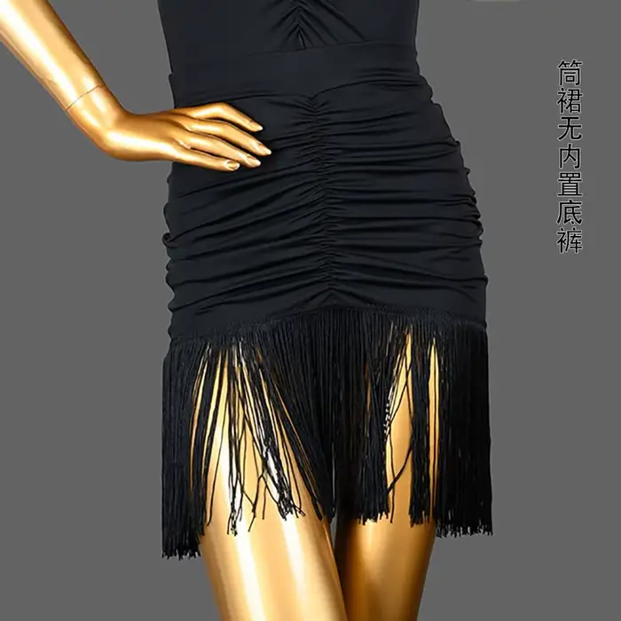 Jupe de danse latine noire à franges et volants pour femmes, costume d'entraînement de danse avec ta