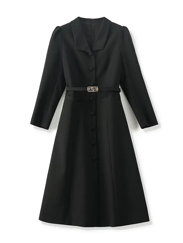 Robe longue à col rabattu pour femme avec ceinture à boutonnage simple